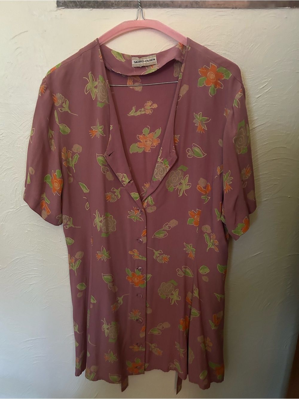 Sigrid Olsen Floral Button-Front Dress- Mauve with Orange & Green Flowers